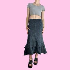 Y2K Denim Low Rise Fairy Grunge Maxi Skirt Zipper closure with a spandex stretchy material and an asymmetrical hem in front/back. great condition with normal wear  Brand - Westbound    Tag size - 14 Seen on size small, 5'4 pinned Measurements (laying flat) Waist (no pull) 16.5 in - (taut) - 18 in  Length - 29 in   Hip - 21 in Recommend for a 34/35" low waist #denimskirt #fairygrunge #whimsygoth #denimmaxiskirt #cybercore dark academia grunge Y2k Style Dark Wash Denim Skirt, Y2k High Waist Dark Wash Denim Skirt, Spring Y2k Dark Wash Denim Skirt, Y2k Dark Wash Cotton Skirt, Y2k Dark Wash Mid-rise Mini Skirt, Maxi Denim Skirt Outfit, Academia Grunge, Dark Academia Grunge, Y2k Denim