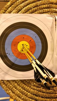 two arrows are in the middle of an archery target