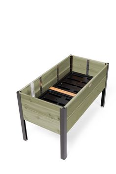 a wooden bed frame with two drawers on the bottom and one drawer at the top