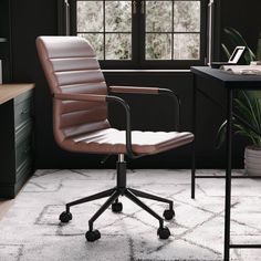 a brown leather office chair sitting on top of a white rug