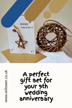 A circular bird feeder made from willow and a card that reads happy anniversary with a willow star on it Tree Beautiful, Meaningful Gifts, Bird Feeders