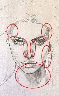 a drawing of a woman's face with circles around her head