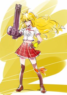 a girl with long blonde hair holding a baseball bat in her hand and wearing a school uniform