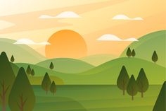 the sun is setting over some hills with trees and grass in front of each other