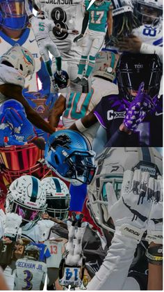 a collage of football players with helmets and numbers on their uniforms, all in different colors