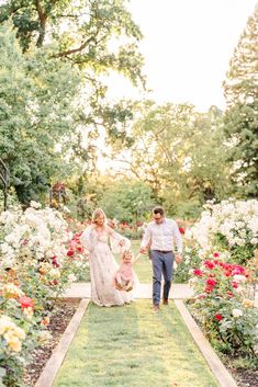 a man and woman walking through a garden with flowers on the ground, holding hands