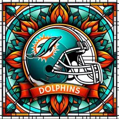 a stained glass window with a miami dolphins football helmet and the words dolphins on it