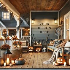 a porch decorated for halloween with pumpkins and candles