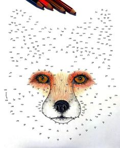 a drawing of a fox's face with the words written on it and two colored pencils above it