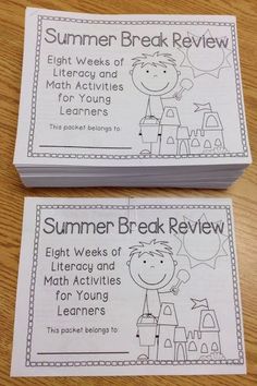 two bookmarks with the words summer break review written on them and an image of a boy