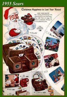 an advertisement for christmas happiness to last year'round, with santa claus holding a brown bag