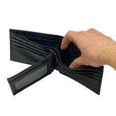 This black men's leather wallet holds 9 credit cards, ID, three currency compartments, one with a zipper for "secret" and secure storage. Great for travel! Size: 4.5" x 3.25" Trifold Wallet With Coin Pocket For Business, Bifold Business Wallet With Rfid Blocking, Business Bifold Wallet With Rfid Blocking, Trifold Rfid Blocking Business Wallet, Black Trifold Wallet For Business, Black Trifold Wallet For Business With Card Slots, Black Rfid Blocking Wallet For Business, Black Trifold Wallet With Interior Card Slots For Business, Black Trifold Wallet With Card Slots For Business