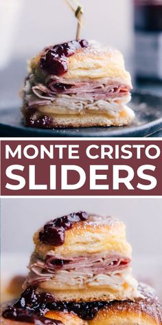 three different views of pastries stacked on top of each other, with the words monte cristo sliders below them