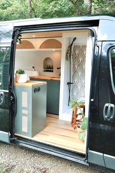 an open van door showing the kitchen and living room area with plants in pots on the counter