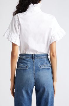 A crisp cotton blouse goes in for the charm with ripples of ruffles embellishing the placket and sleeves. 26" length (size Medium) 100% cotton Dry clean Imported Blouse Nordstrom, Fabric Gift Bags, Cotton Blouses, Nordstrom Store, Free Fabric, Fabric Gifts, Ruffles, Top Brands, Nordstrom