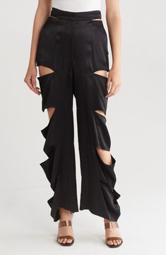 Bold slashes at the sides create skin-showing cutouts on these satin pants designed with wide legs. Zip fly with hook-and-bar closure 100% viscose Machine wash, line dry Imported Cutout Pants, Satin Pants, Marc Fisher, Pants Design, Wide Legs, Sandal Women, Nordstrom Rack, Denim Jeans, Womens Sandals