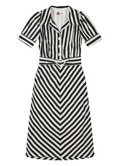 Bus Stop X Joanie - Carnaby Monochrome Stripe Shirt Dress | Vintage 1960s & 1970s-inspired Collaboration Range | Joanie Retro Cotton Dress With Graphic Print, Vintage Graphic Print Dresses, Summer Graphic Print Dresses For Work, Black Retro Daywear Dress, Black Retro Dress For Daywear, Retro Cotton Workwear Dress, Retro Cotton Dresses For Work, Bridget Riley, Carnaby Street