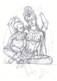 a drawing of a mother and child sitting on the ground with their arms in the air