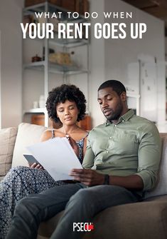 a man and woman sitting on a couch looking at something in front of them with the caption what to do when your rent goes up