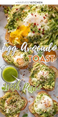 an egg and cheese toast with pesto sauce on top is shown in this recipe