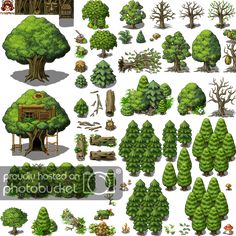 an illustrated set of various trees and other objects for the game, including a tree house