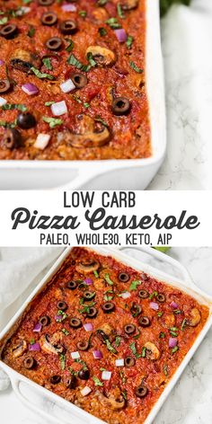 low carb pizza casserole in a white dish