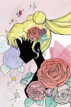 a drawing of a woman with flowers on her head and long blonde hair, in front of a pink background