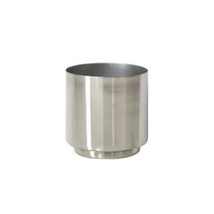 a stainless steel cup is shown on a white background with the bottom half turned down