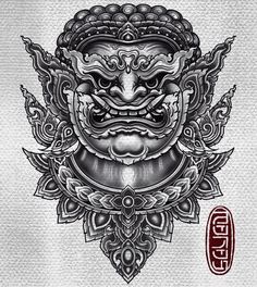 Thai Warrior Tattoo, Thai Chest Tattoo, ဘီလူး Tattoo, Thai Tattoo Men, Yak Tattoo, Hanuman Logo, Kabuki Tattoo, Thai Style Tattoo