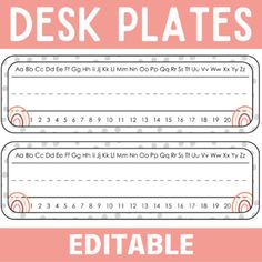 the printable desk plates are shown with numbers and letters on them, including one for each