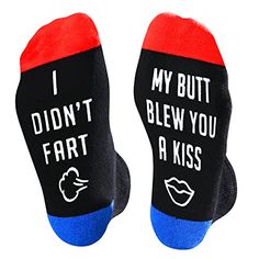 FART SOCKSSocks for women and men with funny sayings. The bottom of the socks with non-slip design is printed with an interesting proverb “I Don't Fart, My Butt Blew You A Kiss”. Weird “fart” pattern and silly “kissing” pattern are very funny. Funny fart socks for men, fart socks for women, weird I don't fart socks.SIZE & PACKINGFunny fart gifts for men and women. ONE SIZE FITS MOST - Unisex design is suitable for most men’s US size 6-13 and most women’s US size 7 and above.QUALITY MATERIALS Weird Socks, Fart Gifts, Funny Joke Gifts, Silly Socks, Silly Gifts, Fart Humor, Funny Pajamas, Joke Gifts, Holiday Socks