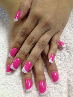 Dark Pink With White Tips Nails, Mixed Nails, Acrylic Nail Designs Classy, Valentines Nail Art Designs, Pink And White Nails, Nails Powder, Glitter French Nails, Gel Nails French, Blue Nail Art Designs