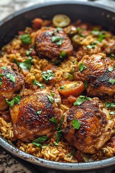 chicken and rice in a skillet with garnishes