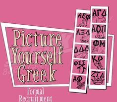 the front and back cover of a pink book with black lettering on it, which reads picture yourself greek