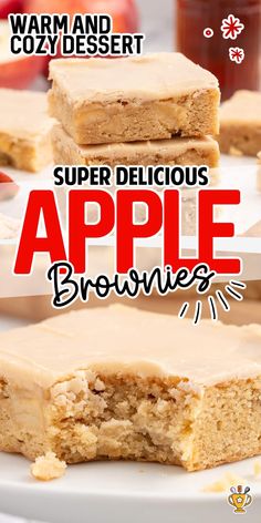 two pieces of apple brownies on a plate with the words, super delicious apple brownies