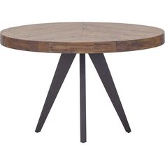 a round wooden table with metal legs and a wood top, on an isolated white background