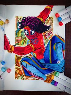 a drawing of a spider man sitting on the ground with crayons around him