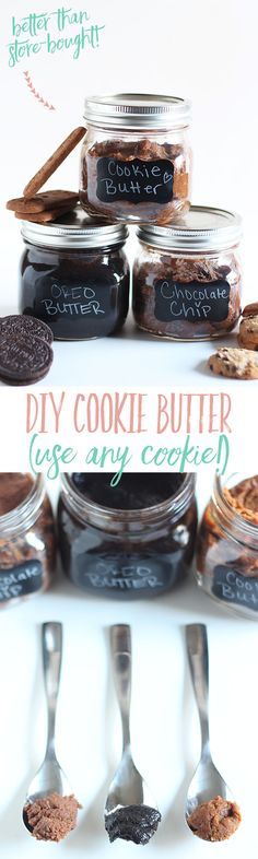 there are spoons and cookies in the jars with labels on them that say diy cookie butter