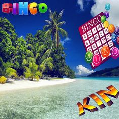 an image of a beach scene with the word bingo on it and some trees in the background