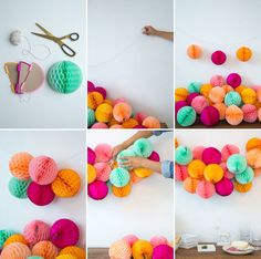 the process of making tissue paper balls is shown with scissors and yarn ball garlands