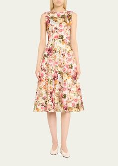 Cotton A-line Midi Dress For Garden Party, Floral Print Cotton Midi Dress With Fitted Bodice, Floral Print A-line Midi Dress With Fitted Bodice, Floral Print Fitted Bodice A-line Midi Dress, Fitted Bodice A-line Midi Dress With Floral Print, Cotton A-line Floral Dress, Cotton Floral Print Dress With Fitted Bodice, Elegant Cotton Floral Midi Dress, Cotton Floral Print Fit And Flare Dress