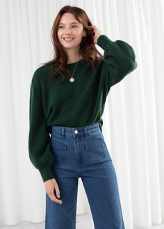 Green Pullover Outfit, Dark Green Sweater Outfit, Green Sweater Outfit, Sweater And Jeans, Dark Green Sweater, Pullovers Outfit, Crop Pullover, Green Pullover, Cheap Sweaters