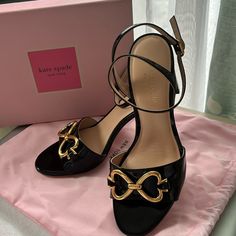 Brand Newkate Spade Odelia Block Patten Leather Heel Sandal In Black. With Ankle Strap. Gold Inter Locked Spade Detail. Size 7b , Shoes Come With Pink Box And Pink Dust Bag. Pink Strappy Heels, Red Satin Heels, Kate Spade Heels, Black Patent Pumps, Beige Pumps, Block Sandals, Round Toe Pumps, Leather Heels Sandals, Pink Box