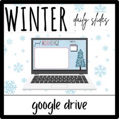 a laptop computer sitting on top of a snow covered desk with the words google drive written below it