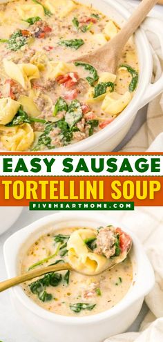 Sausage Tortellini Soup is creamy and flavorful, loaded with Italian sausage, artichoke hearts, cheese tortellini, fresh baby spinach, and more for a hearty, comforting soup recipe that’s easy to make on the stove or in the crock pot! Spinach Sausage Tortellini Soup, Sausage And Tortellini Soup Crockpot, Sausage Spinach Tortellini Soup, Tortellini Soup Easy, Tortellini Soup Crockpot, Hobbit Food, Spinach Tortellini Soup