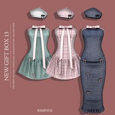 three different dresses and hats are shown in the same color as they appear on this page