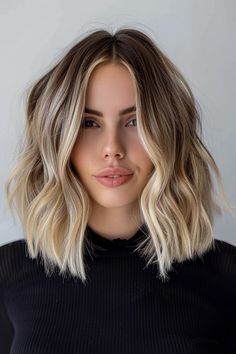 The balayage technique, which involves hand-painting highlights onto the hair, creates a natural, sun-kissed effect that adds depth and dimension to the lob. Face Framing Balayage Short Hair, Lob With Highlights Balayage, Dark Root Balayage Short Hair, Root Smudge Blonde Straight Hair, Short Brown Blonde Balayage, Blonde Lob Hairstyles, Lob Blonde Balayage, Blonde Bob Root Smudge, Short Blonde Hair With Root Smudge