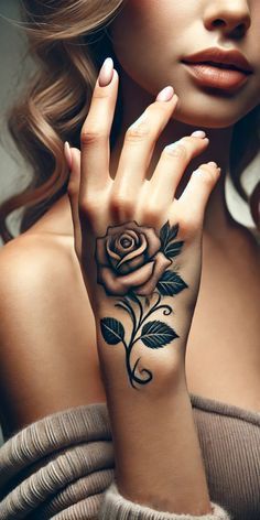 a woman with a rose tattoo on her wrist and hand is posing for the camera