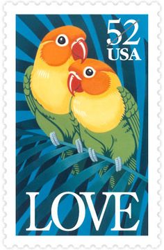 a postage stamp with two birds on it's back and the words love written in blue