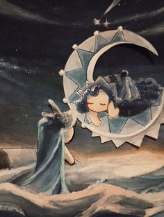 an artistic painting of a woman sleeping on the moon with her head in her hands